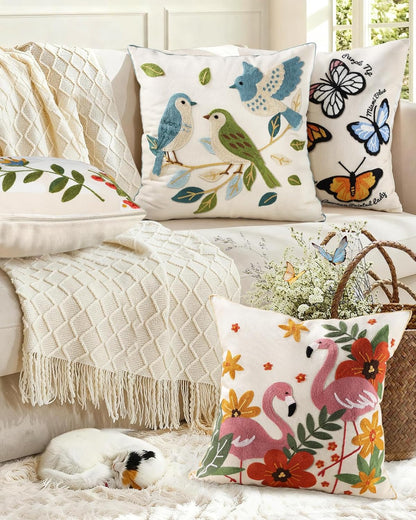 Animal Embroidered Throw Pillow Cover 18x18 Inch, Floral Birds