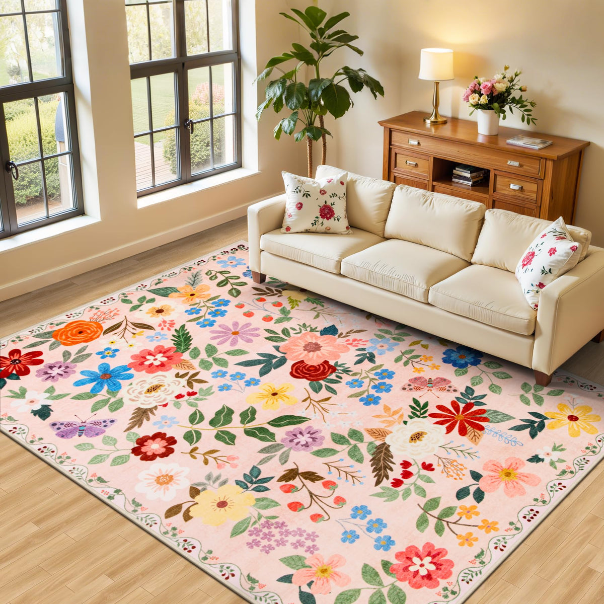 PLHXFR Area Rug Living Room: 5x7 Floral Washable Boho Carpet Dark Green