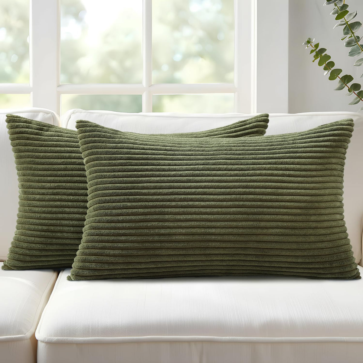 Mecatny Corduroy Fall Throw Pillow Covers 18x18 Set of 2 Olive Green