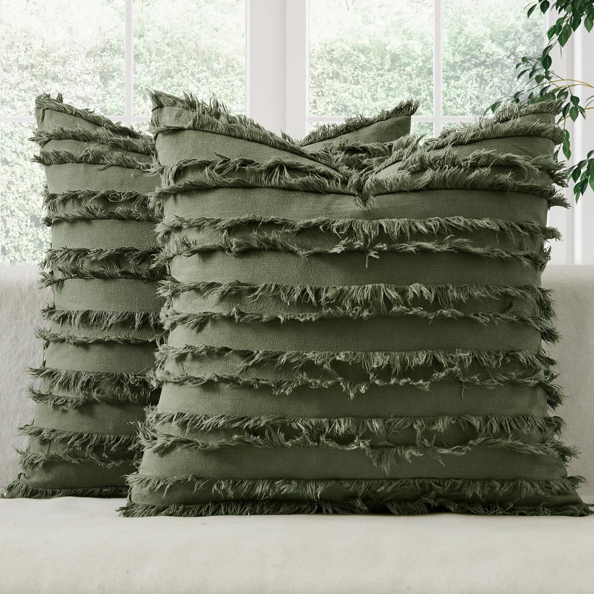 MIULEE Boho Linen Striped Throw Pillow Covers 16x16, Light Blue