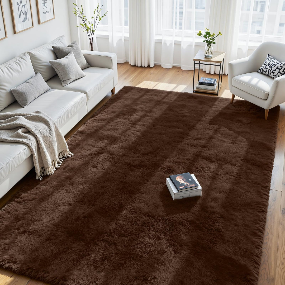 8x10 Fluffy Area Rug for Living Room: Non-Slip Grey Camel Bedroom Carpet