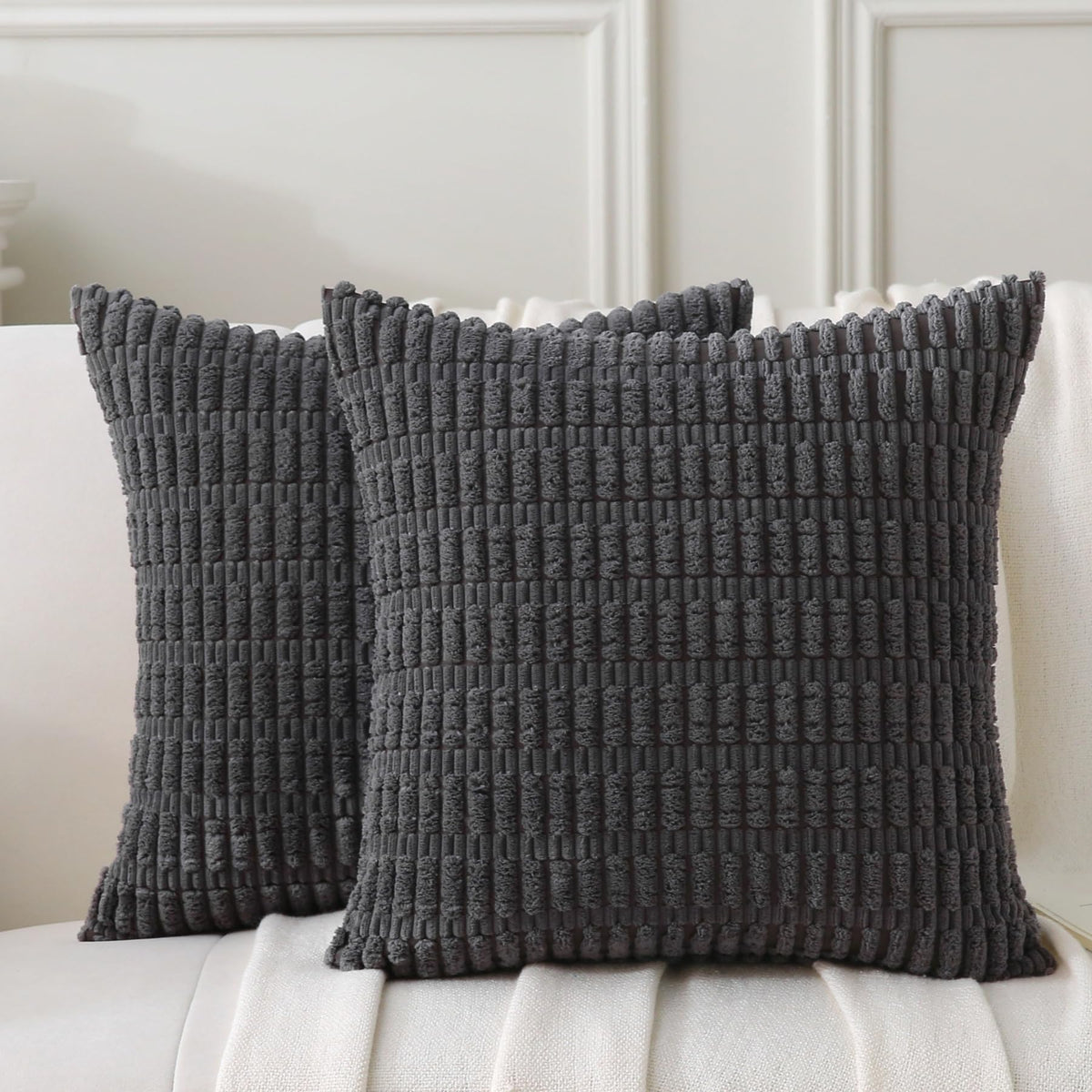 2 Pack Corduroy Decorative Throw Pillow with Inserts, 18x18 Inch Soft Boho Throw Pillow, Square Striped Throw Pillows for Couch, Bed, Sofa Decor(Beige)