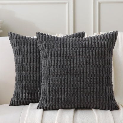2 Pack Corduroy Decorative Throw Pillow with Inserts, 18x18 Inch Soft Boho Throw Pillow, Square Striped Throw Pillows for Couch, Bed, Sofa Decor(Beige)