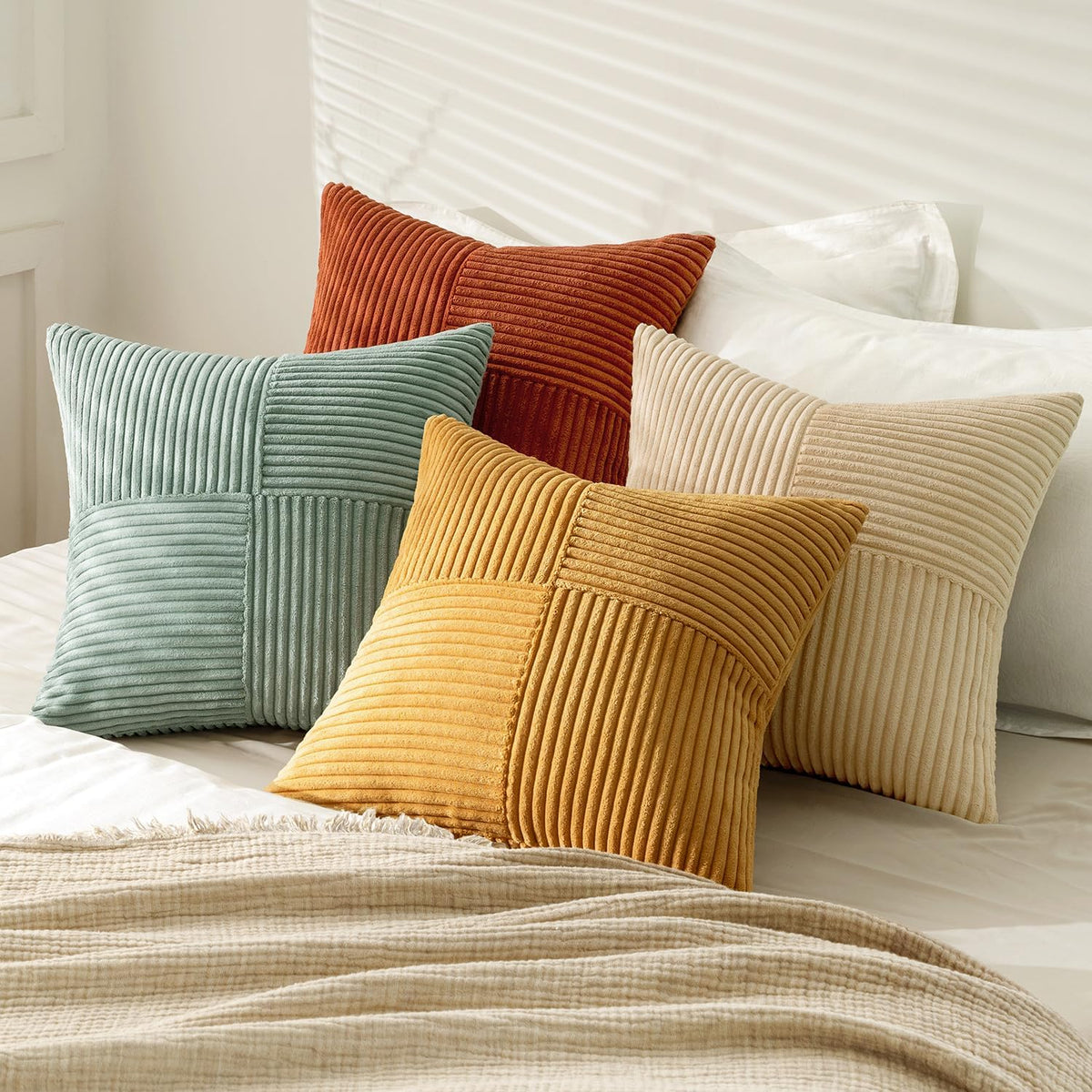 MIULEE Fall Teal Orange Decorative Throw Pillow Covers 18x18 Inch Set of 4 Boho Corduroy Striped Cushion Cases Modern Farmhouse Patchwork Pillow Cases for Couch Sofa Bedroom Home Decor