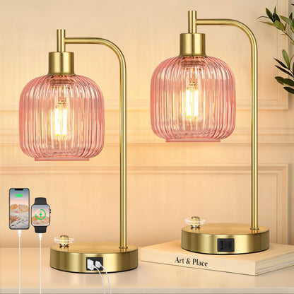 Green Glass Table Lamps Set of 2, Dimmable Bedside Lamps for Living Room
