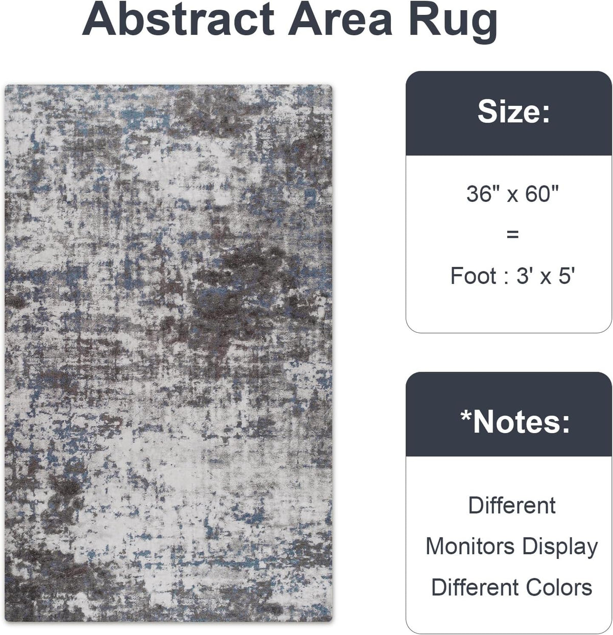 Modern Abstract 3x5 Rug, Non Slip Entryway Rug, Soft Machine Washable Rugs for Indoor Entry, Low Pile Stain Resistant Distressed Rug for Living Room, Bedroom, Dark Grey Blue
