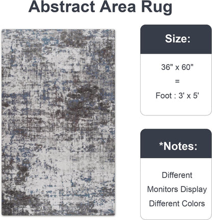 Modern Abstract 3x5 Rug, Non Slip Entryway Rug, Soft Machine Washable Rugs for Indoor Entry, Low Pile Stain Resistant Distressed Rug for Living Room, Bedroom, Dark Grey Blue