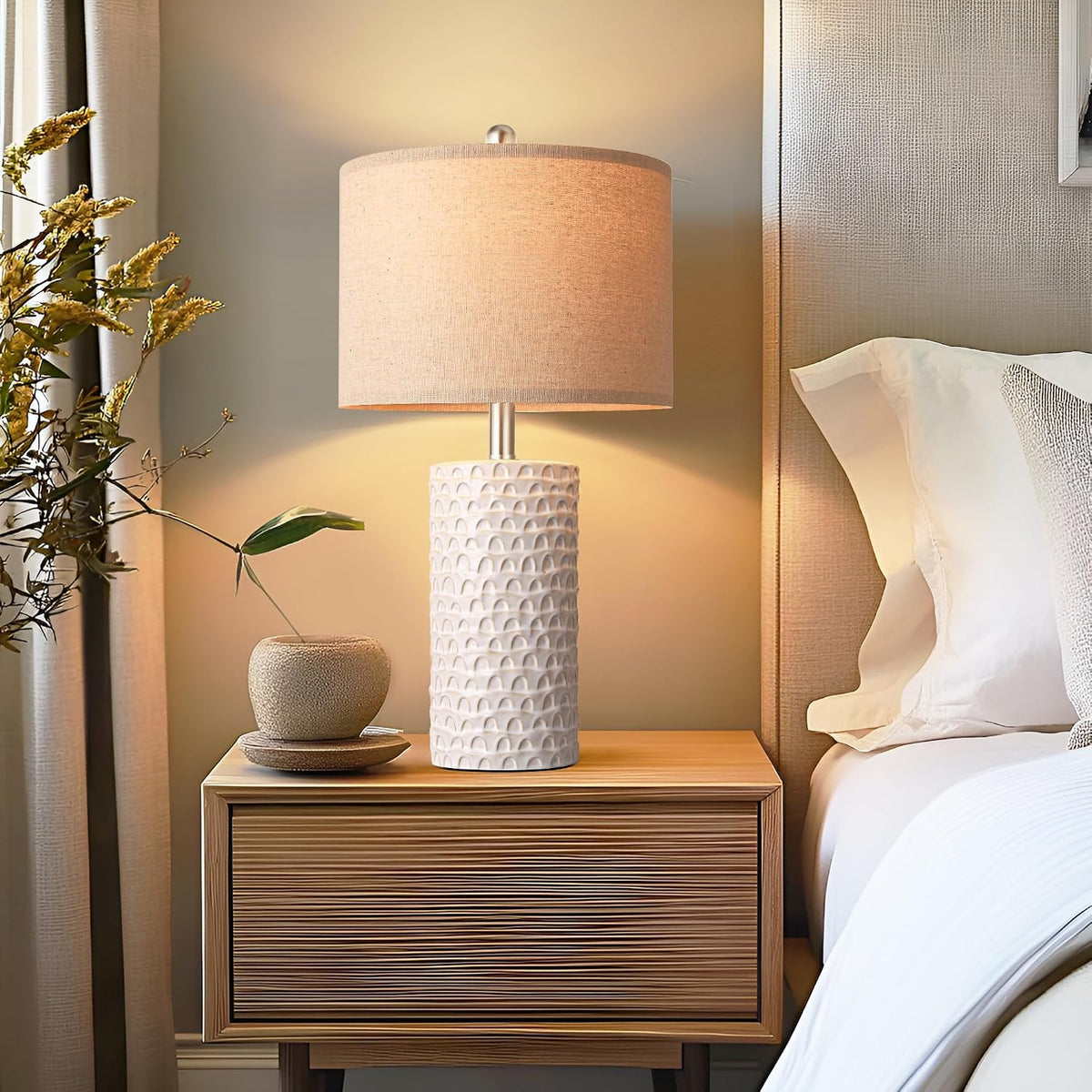 PARTPHONER 23" Modern Ceramic Table Lamp Set of 2, Table Lamps for Living Room, Rustic Farmhouse Bedside Lamps Nightstand lamp for Bedroom, White Desk Lamp for End Table Home Decor Beige