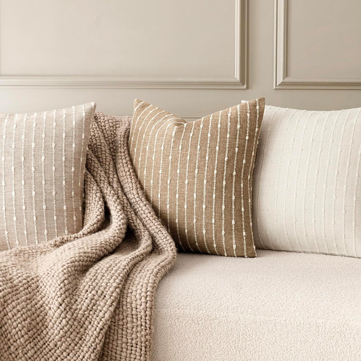 Foindtower Decorative Striped Boucle Throw Pillow Cover 18x18 Natural Beige