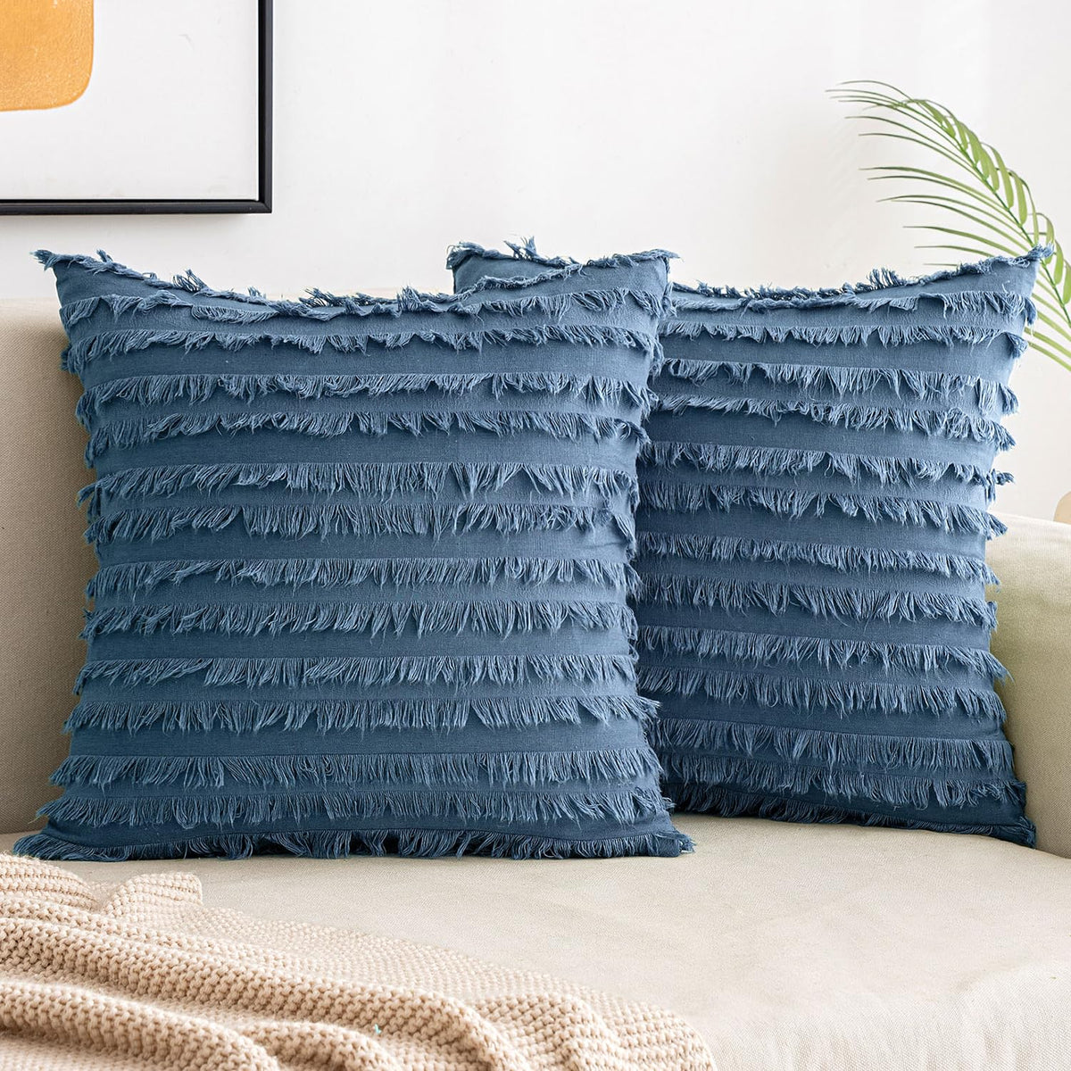 MIULEE Boho Linen Striped Throw Pillow Covers 16x16, Light Blue
