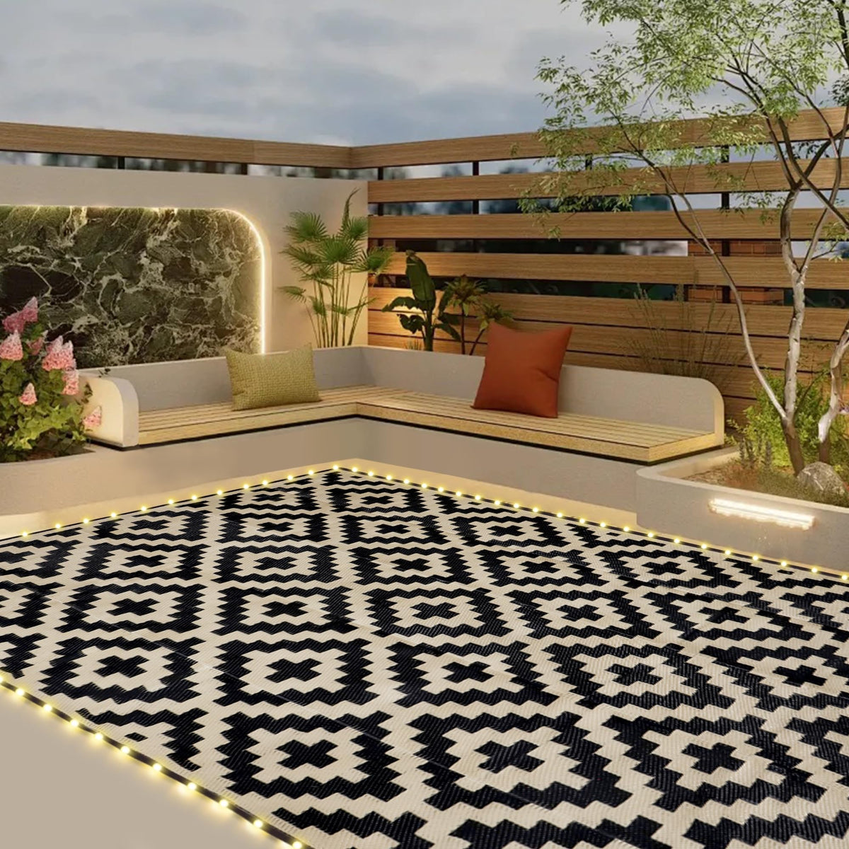 SAND MINE Waterproof Outdoor Rug 5x8 ft, Plastic Reversible Rug, Modern Area Rug, Large Floor Mat for Outdoors, RV, Patio, Backyard, Deck, Picnic, Beach, Camping, Black & Beige