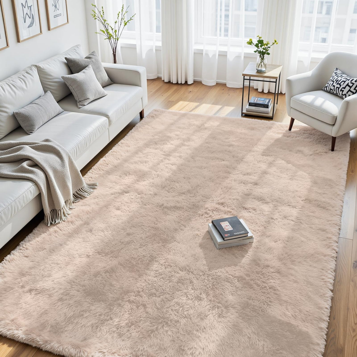 8x10 Fluffy Area Rug for Living Room: Non-Slip Grey Camel Bedroom Carpet