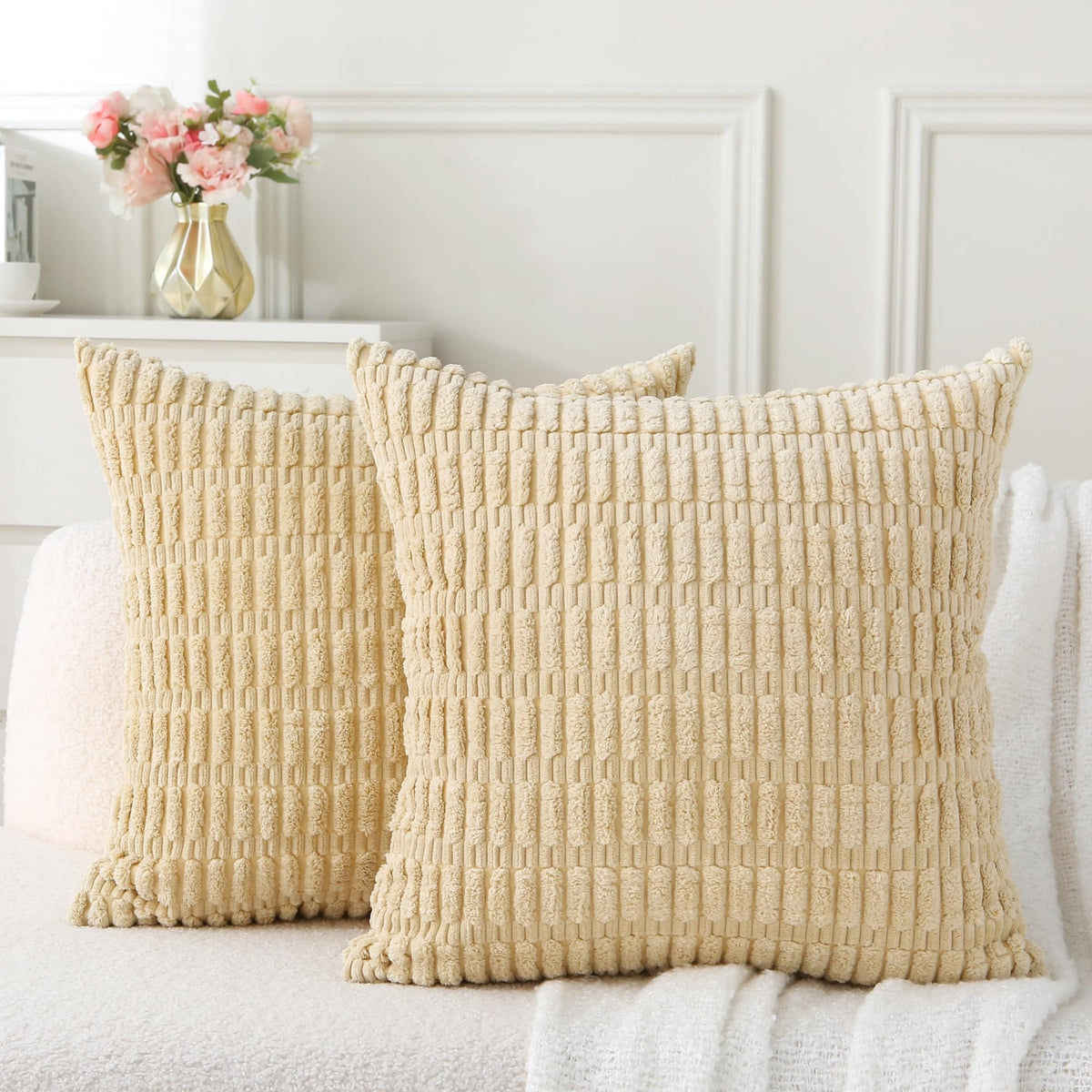 2 Pack Corduroy Decorative Throw Pillow with Inserts, 18x18 Inch Soft Boho Throw Pillow, Square Striped Throw Pillows for Couch, Bed, Sofa Decor(Beige)