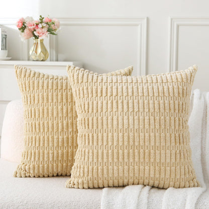 2 Pack Corduroy Decorative Throw Pillow with Inserts, 18x18 Inch Soft Boho Throw Pillow, Square Striped Throw Pillows for Couch, Bed, Sofa Decor(Beige)