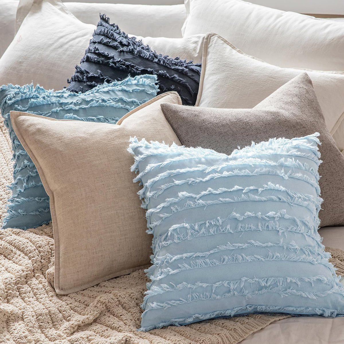 MIULEE Boho Linen Striped Throw Pillow Covers 16x16, Light Blue