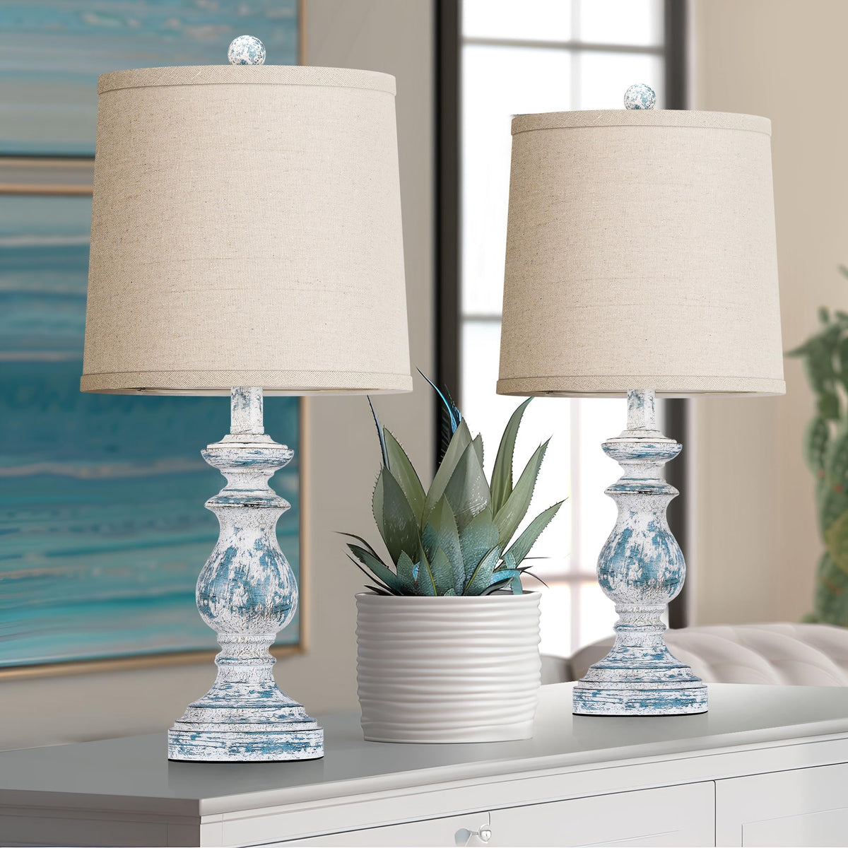 PARTPHONER Traditional Table Lamp Set of 2, Rustic Farmhouse Table Lamps for Living Room Bedroom, 22" Bedside Desk Lamps Vintage Nightstand Lamps with Linen Shades, Black
