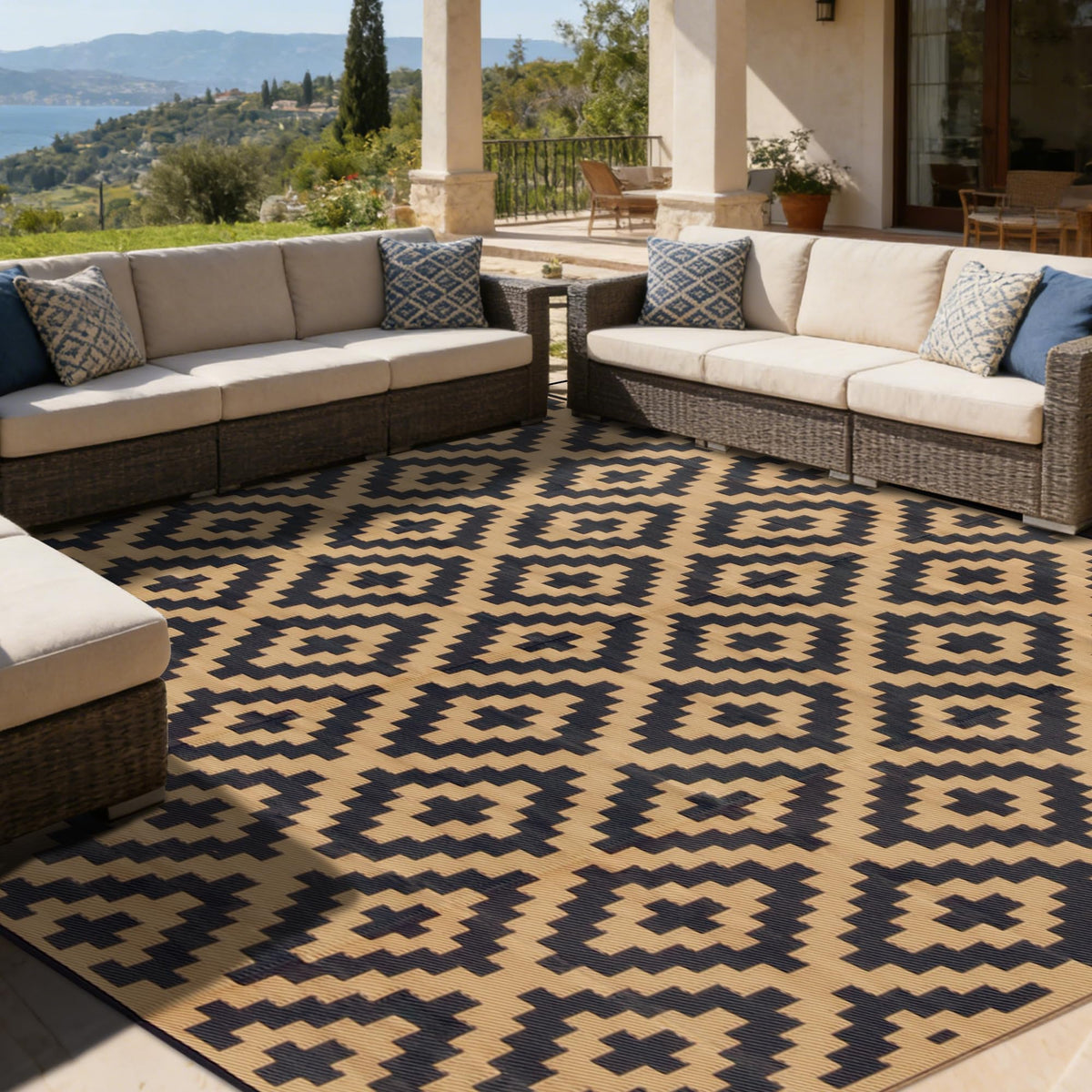 SAND MINE Waterproof Outdoor Rug 5x8 ft, Plastic Reversible Rug, Modern Area Rug, Large Floor Mat for Outdoors, RV, Patio, Backyard, Deck, Picnic, Beach, Camping, Black & Beige