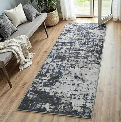 Modern Abstract 3x5 Rug, Non Slip Entryway Rug, Soft Machine Washable Rugs for Indoor Entry, Low Pile Stain Resistant Distressed Rug for Living Room, Bedroom, Dark Grey Blue