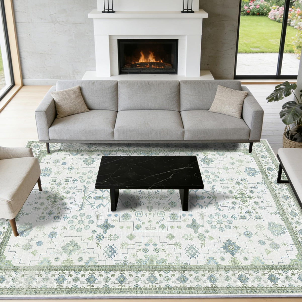 8x10 Washable Area Rugs for Living Room (Charcoal Blush Ivory)