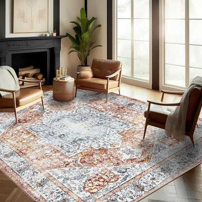 CHAMPLANT 6'x9' Washable Vintage Area Rug Boho Chic Medallion Distressed Design Non-Shedding Easy Care Ideal for High Traffic Areas in Living Room Bedroom Kitchen Office Large Carpet