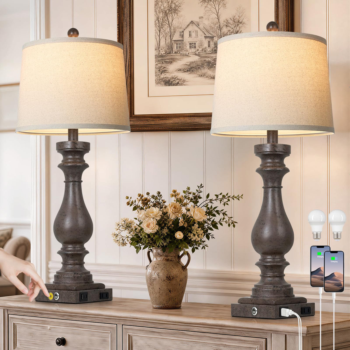Cinkeda 29" Tall Table Lamp for Living Room Set of 2,Farmhouse Nightstand Bedside Lamps with USB C+A Ports & AC Outlet,3-Way Dimmable Touch Control Desk Lamp for Bedroom,Color 1