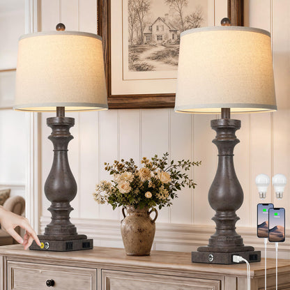 Cinkeda 29" Tall Table Lamp for Living Room Set of 2,Farmhouse Nightstand Bedside Lamps with USB C+A Ports & AC Outlet,3-Way Dimmable Touch Control Desk Lamp for Bedroom,Color 1