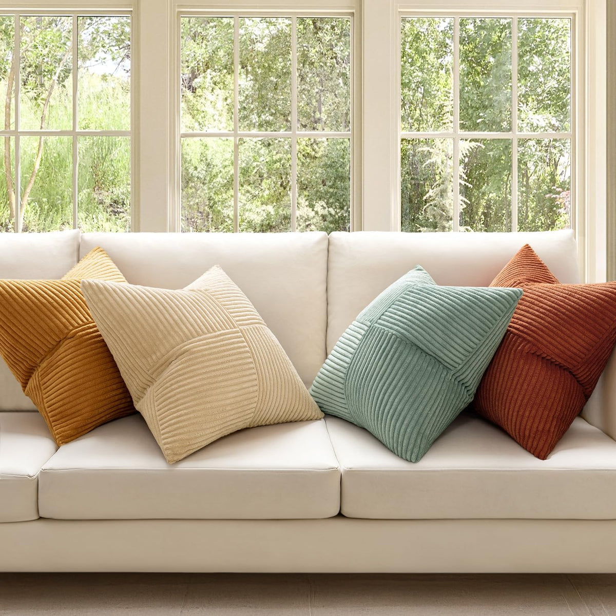 MIULEE Fall Teal Orange Decorative Throw Pillow Covers 18x18 Inch Set of 4 Boho Corduroy Striped Cushion Cases Modern Farmhouse Patchwork Pillow Cases for Couch Sofa Bedroom Home Decor
