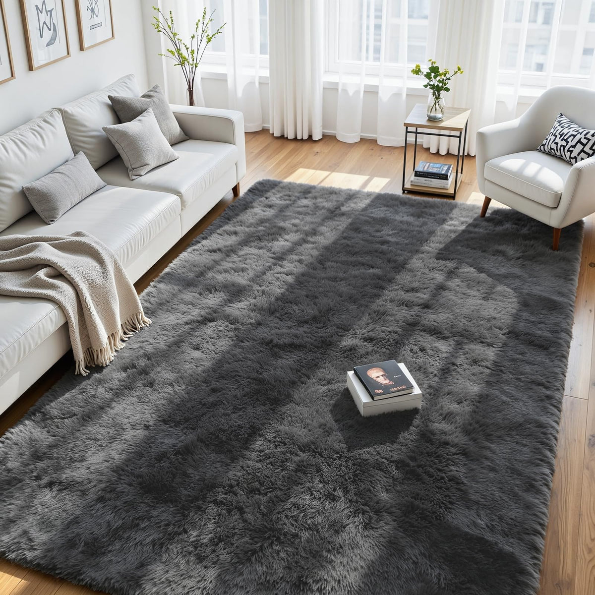 8x10 Fluffy Area Rug for Living Room: Non-Slip Grey Camel Bedroom Carpet