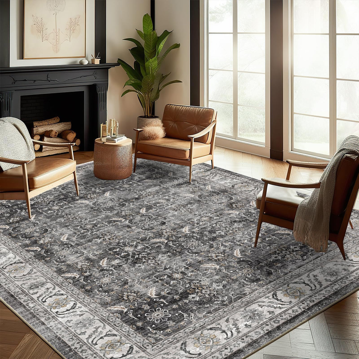 CHAMPLANT 6'x9' Washable Vintage Area Rug Boho Chic Medallion Distressed Design Non-Shedding Easy Care Ideal for High Traffic Areas in Living Room Bedroom Kitchen Office Large Carpet