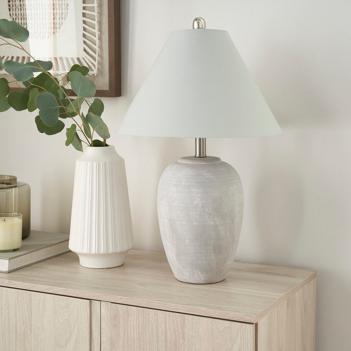 Nourison Home 23" Greyish Brown Earth Tone Rustic Farmhouse Ceramic Table Lamp for Bedroom, Living Room, Dining, Office, with Beige Linen Shade