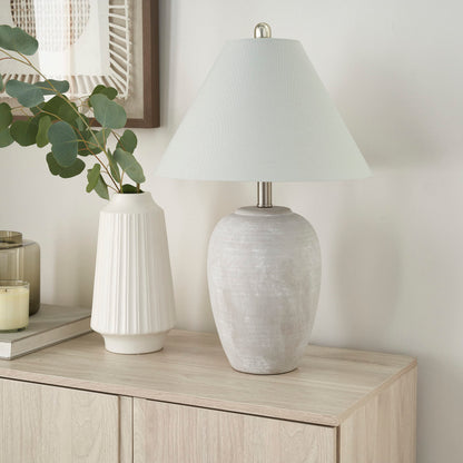 Nourison Home 23" Greyish Brown Earth Tone Rustic Farmhouse Ceramic Table Lamp for Bedroom, Living Room, Dining, Office, with Beige Linen Shade