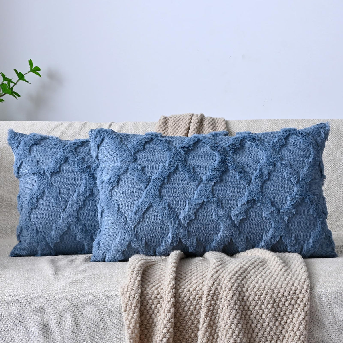 Set of 2 Soft Moroccan Throw Pillow Covers 18x18 Inch Plush Boho Decorative Pillow Cover Accent Cushion Case for Couch Sofa Bed, Beige