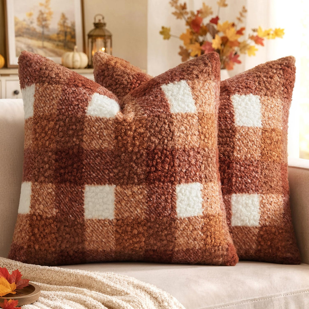 MIULEE Fall Plaid Pillow Covers Boucle Orange 18x18 Set of 2