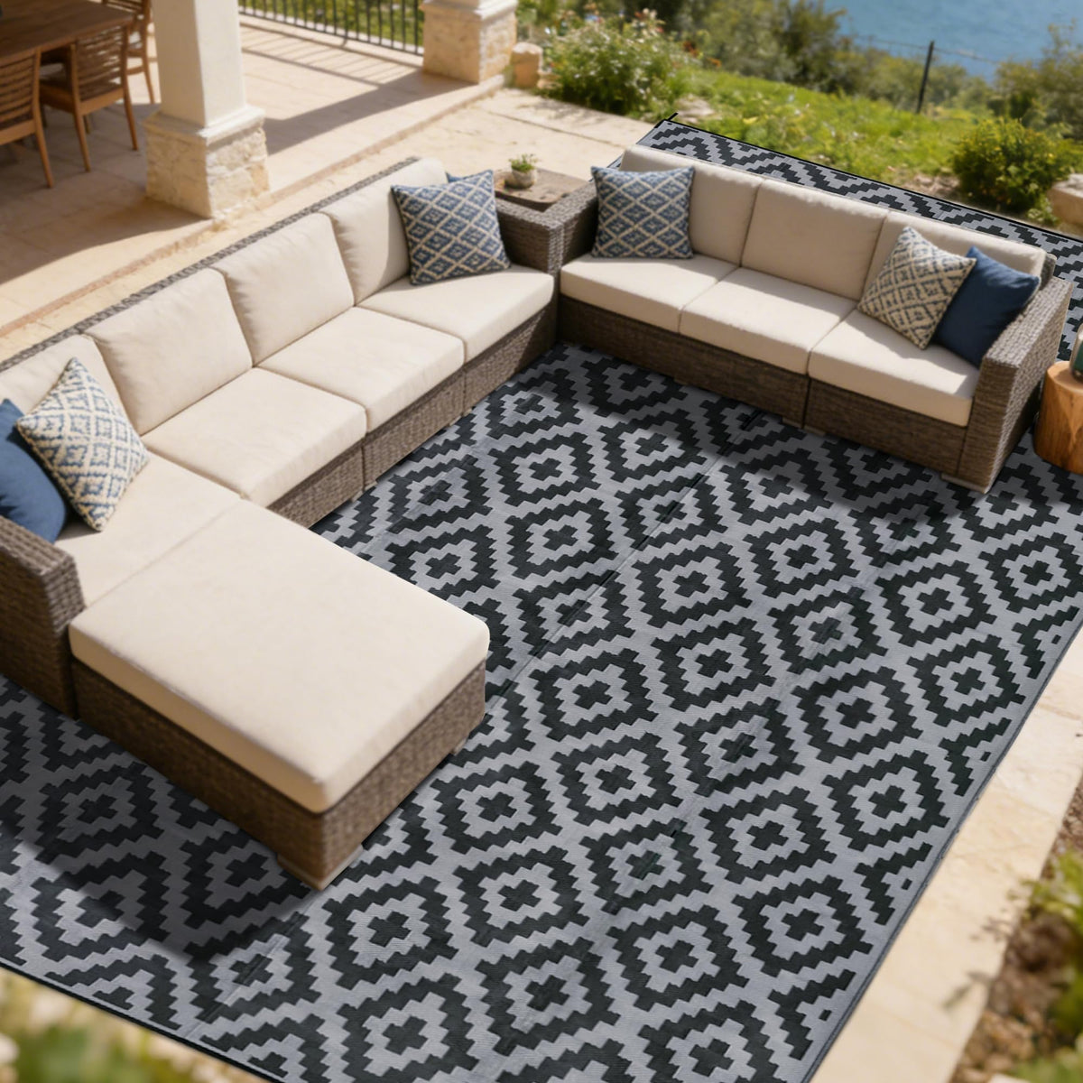 SAND MINE Waterproof Outdoor Rug 5x8 ft, Plastic Reversible Rug, Modern Area Rug, Large Floor Mat for Outdoors, RV, Patio, Backyard, Deck, Picnic, Beach, Camping, Black & Beige