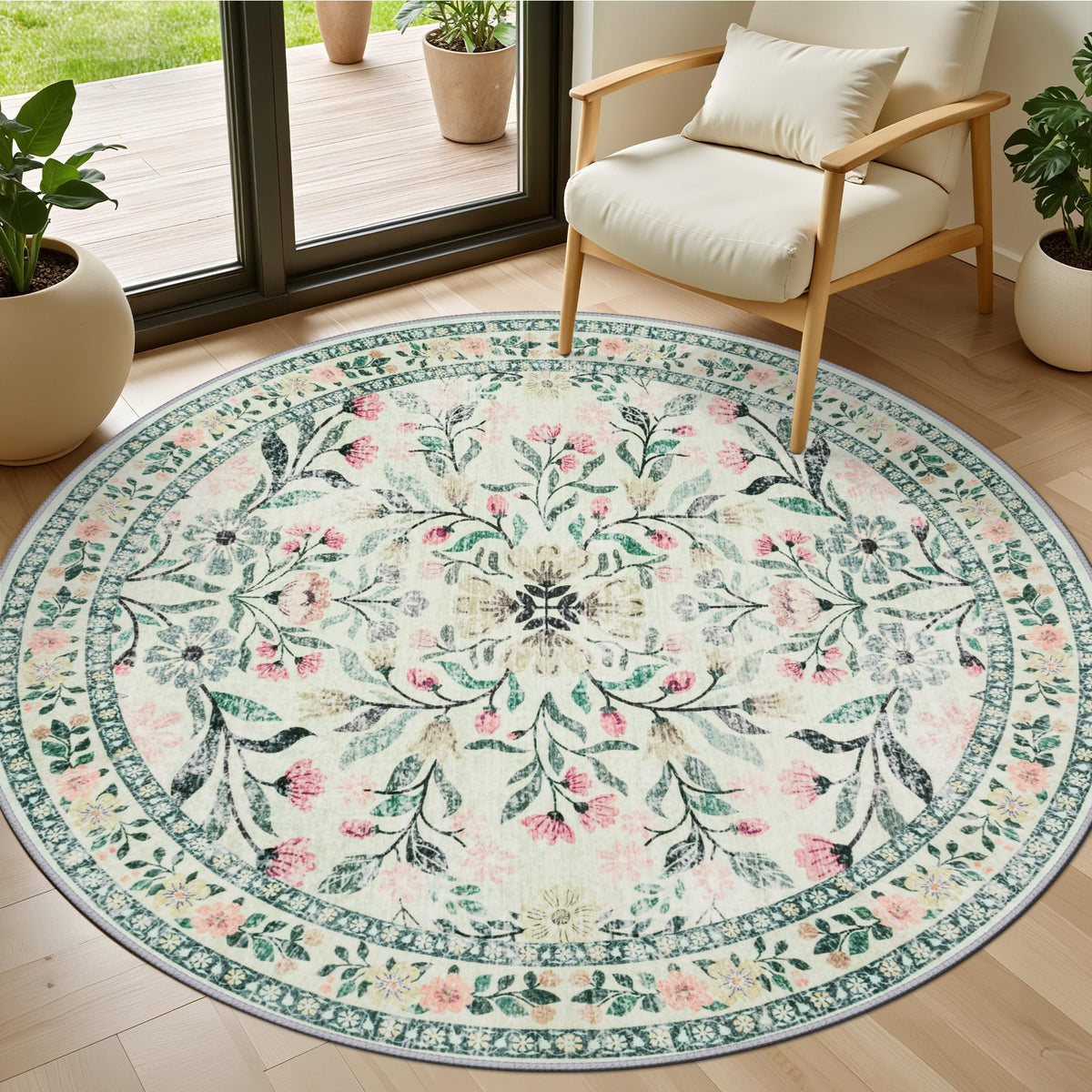 PLHXFR Area Rug Living Room: 5x7 Floral Washable Boho Carpet Dark Green