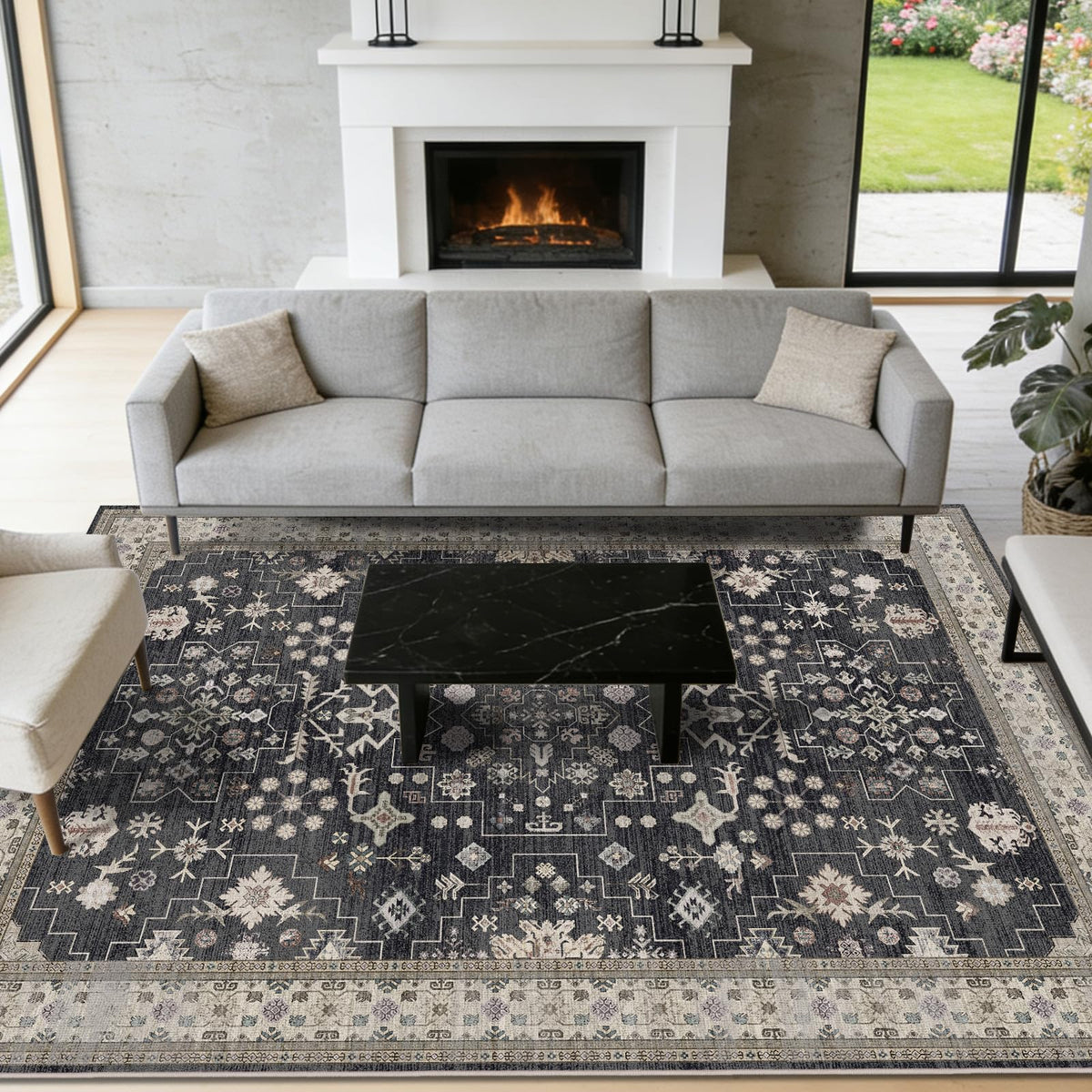 8x10 Washable Area Rugs for Living Room (Charcoal Blush Ivory)