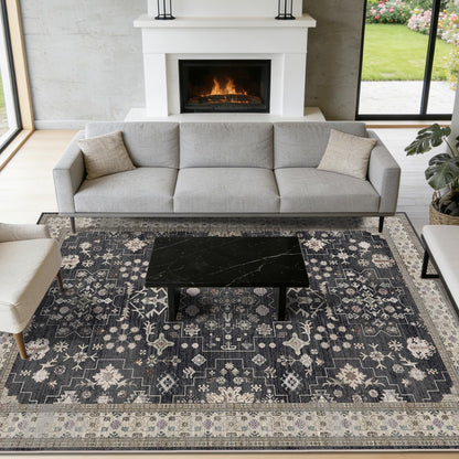 8x10 Washable Area Rugs for Living Room (Charcoal Blush Ivory)