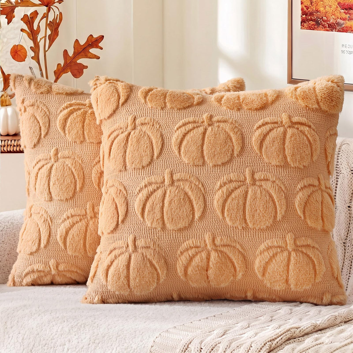 decorUhome Light Rust Pumpkin Faux Fur Throw Pillow Covers 18x18 Set of 2