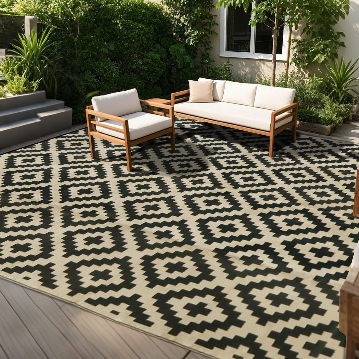 SAND MINE Waterproof Outdoor Rug 5x8 ft, Plastic Reversible Rug, Modern Area Rug, Large Floor Mat for Outdoors, RV, Patio, Backyard, Deck, Picnic, Beach, Camping, Black & Beige
