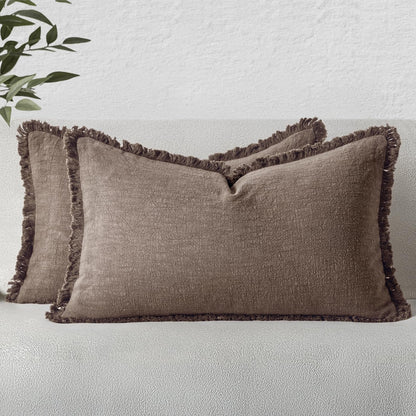 MIULEE Linen Fringe Decorative Throw Pillow Covers Natural Beige 20x20