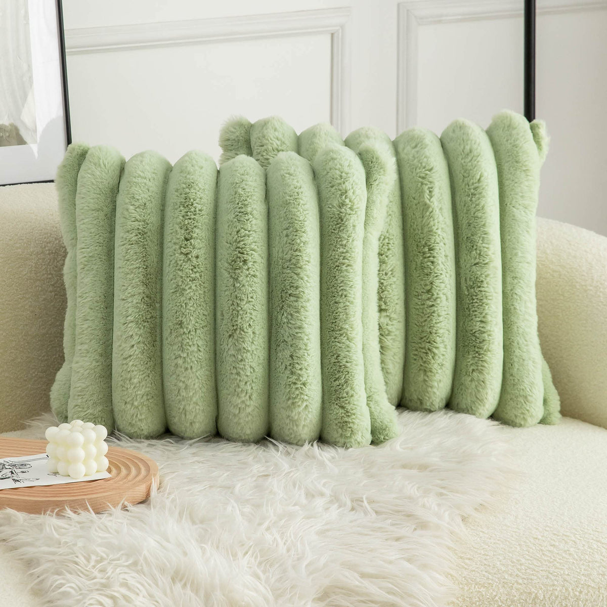 Neelvin Pink Faux Fur Cozy Soft Striped Decorative Throw Pillow Covers 18x18 inch Set of 2,Velvet Pillowcase Cushion Case for Sofa Couch
