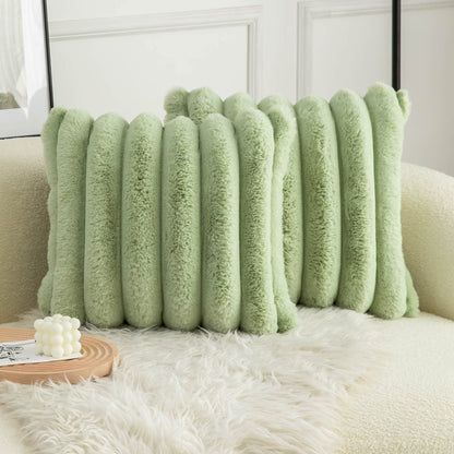 Neelvin Pink Faux Fur Cozy Soft Striped Decorative Throw Pillow Covers 18x18 inch Set of 2,Velvet Pillowcase Cushion Case for Sofa Couch