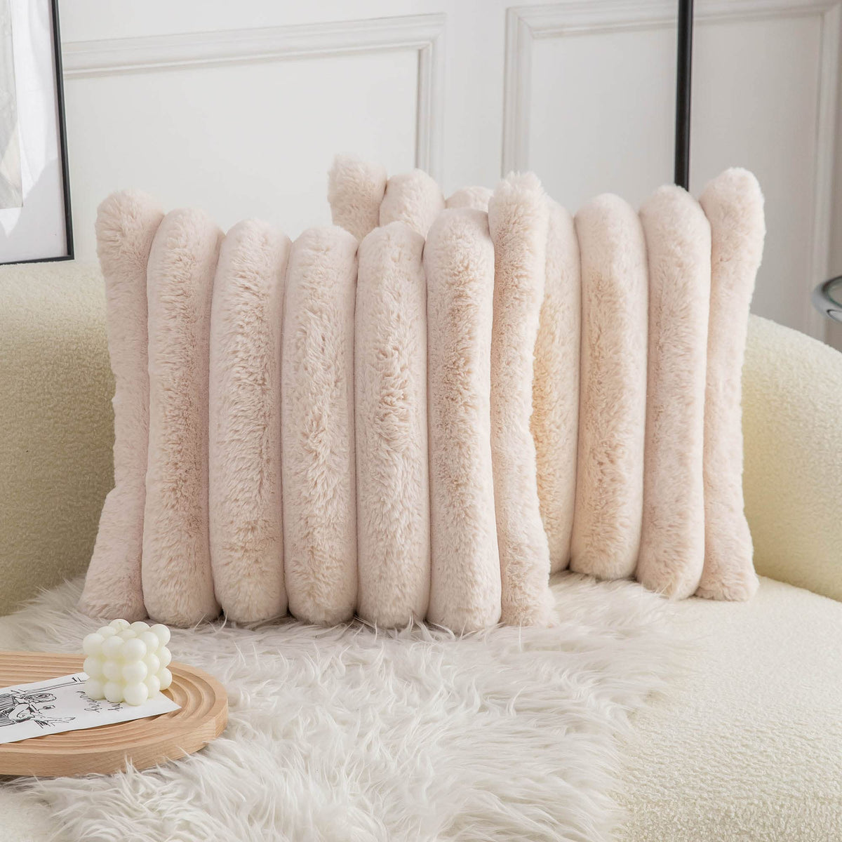 Neelvin Pink Faux Fur Cozy Soft Striped Decorative Throw Pillow Covers 18x18 inch Set of 2,Velvet Pillowcase Cushion Case for Sofa Couch