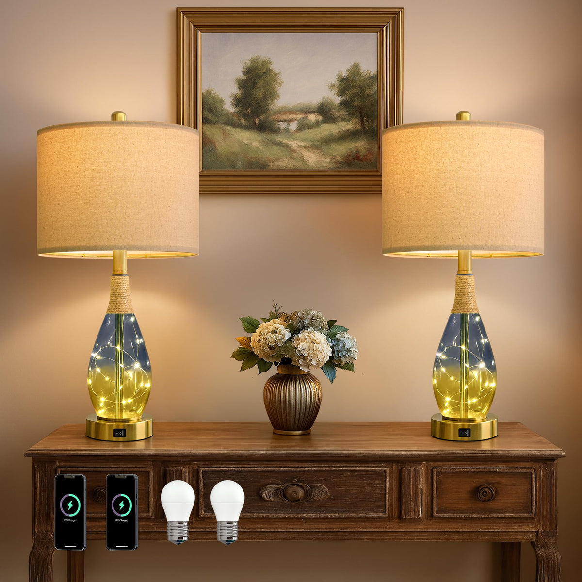OYEARS Bedside Table Lamp with USB, 23‘’ Black Modern Nightstand Lamps for Bedroom, Retro Rattan Table Lamps for Night Stands, Living Room, Farmhouse Table Lamp with Glass Nightlight Lamps