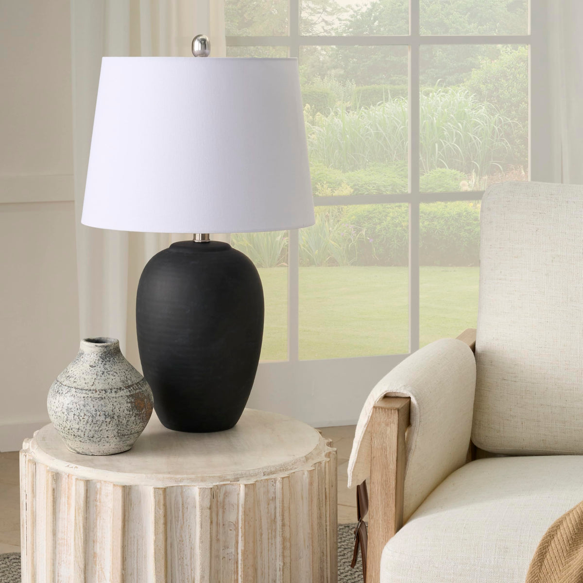 Nourison Home 23" Greyish Brown Earth Tone Rustic Farmhouse Ceramic Table Lamp for Bedroom, Living Room, Dining, Office, with Beige Linen Shade