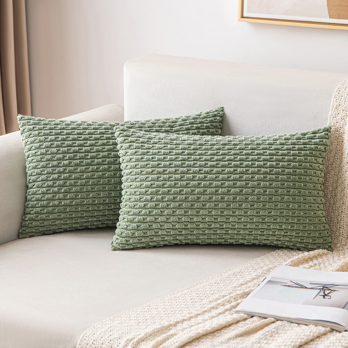 MIULEE Decorative Throw Pillow Covers 18x18 Sage Green Textured Corduroy
