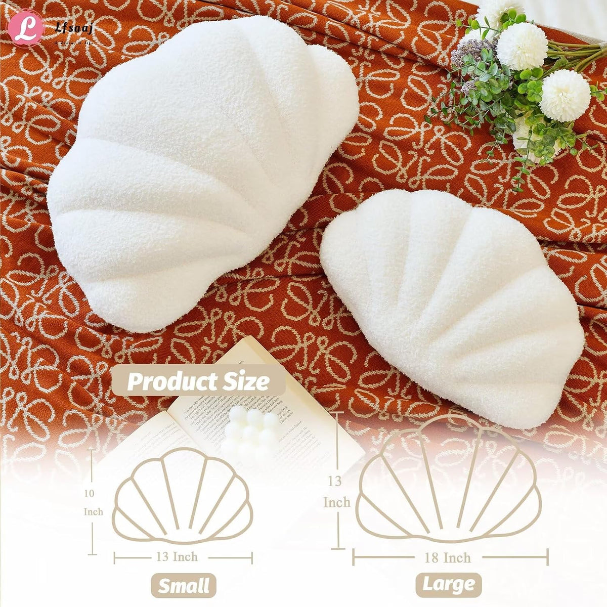 Lfsaaj Ivory Seashell Throw Pillows, Shell Shaped Throw Pillows, 13 Inch Soft Home Decorative Pillow Plush Cushion for Bed Couch Living Sofa Room Decor Accent Throw Pillow
