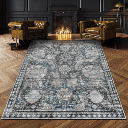 RUGSURE Washable Area Rugs - Perfect for Living Room, Bedroom, Kids Room, Nursery - Stain & Water Resistant Non-Slip, Pet & Child Friendly, Vintage Tribal Area Rugs (Green, 5' x 7')