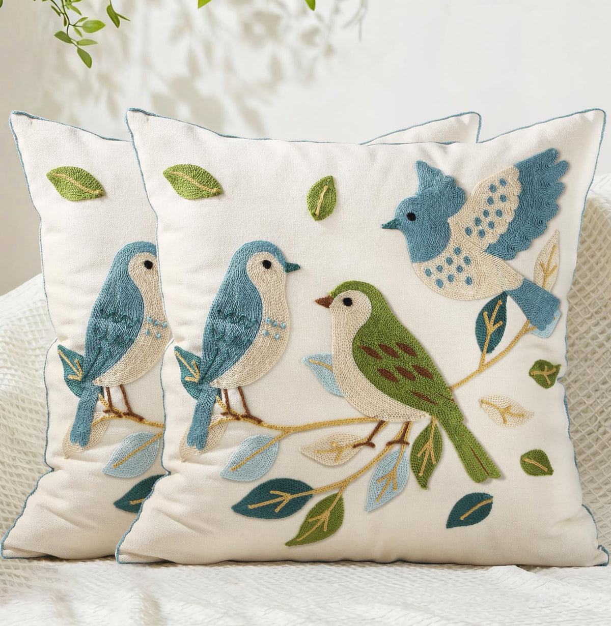 Animal Embroidered Throw Pillow Cover 18x18 Inch, Floral Birds
