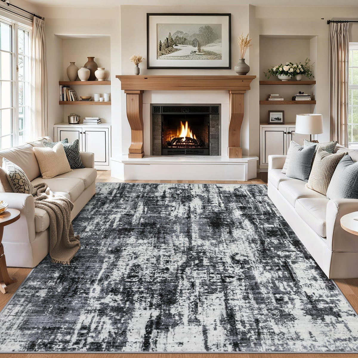 PLHXFR 6x9 Area Rug Living Room: Abstract Washable Carpet Brown Black